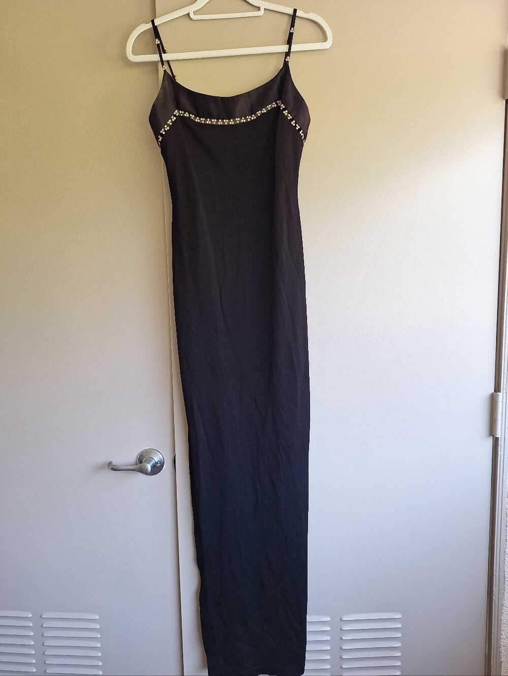 VTG 90s Nicole Bakti Black Spaghetti Strap Evening Maxi Dress Gold Studs Sz S
